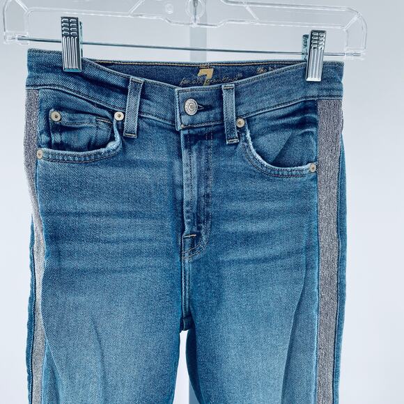 7 For All Mankind High Waist Ankle Skinny Blue Denim Silver Stripe Y2K Jeans 24 - Picture 6 of 15